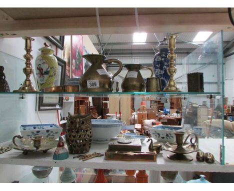A mixed lot of brassware including pair of Victorian candlesticks, jade embellished box, Lumley & Co., measures etc
