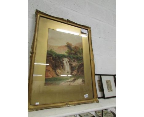 A framed and glazed watercolour of bridge and waterfall by J K Knowles