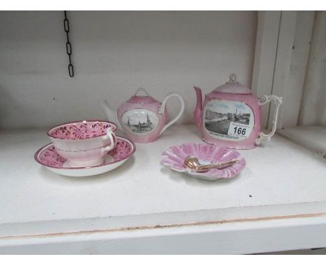 2 Souvenir teapots, a pipe stand and a lustre cup and saucer