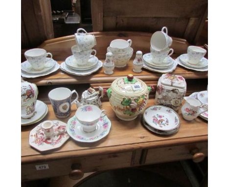 A mixed lot including 20 piece tea set, Mason's tea caddy and chamber stick and other china