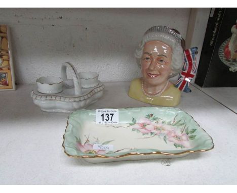 A Queen Elizabeth II 80th Birthday 2 headed jug, A Victorian hand painted tray and a 19th century egg cup stand