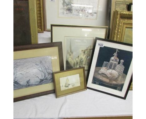 A Bonzo picture, A print of Coniscliffe Church and 2 watercolours including H L Gordon