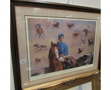 A framed and signed print of 'Frankie Dettori's Ascot Seven' bu B. R. Linklater, approx. 28" x 34"