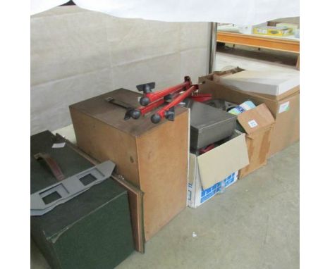 A large quantity of film and tape reels, tripod etc
