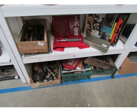 2 shelves of tools including Black and Decker router, gas welding torch etc