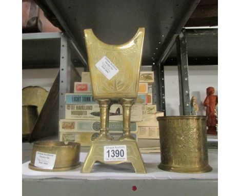 An Asian brass dish stand, trench art etc