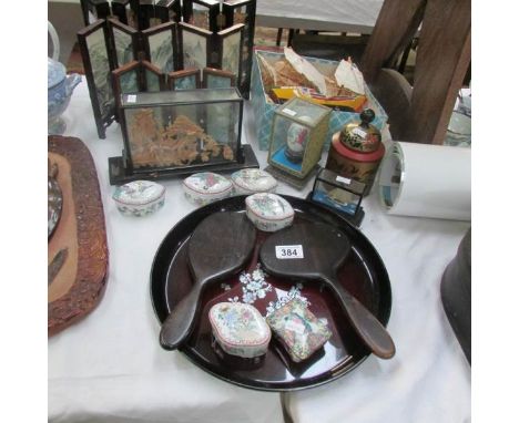 A mixed lot of Oriental item including trinket pots, miniature screens, cork carvings etc