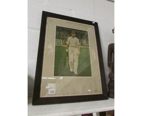 A coloured print of English cricketer Sir Jack Hobbs, in oak frame, approx. 25" x 19"