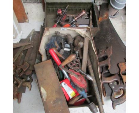 A metal tool box including contents, a large box of tools including drills and a large quantity of drill bits