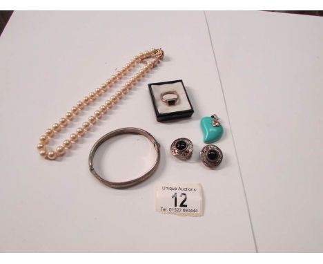 A string of Majorca pearls with silver fittings, a silver and turquoise pendant, a silver ring, earrings and bangle