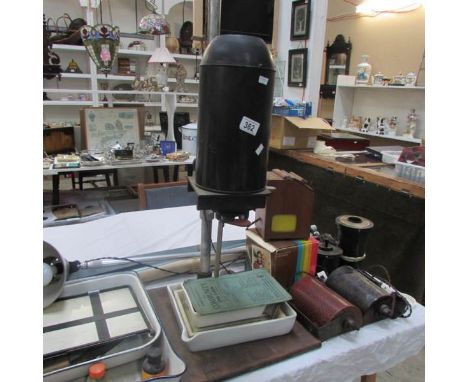 A mixed lot of vintage photographic equipment including studio light, screens etc