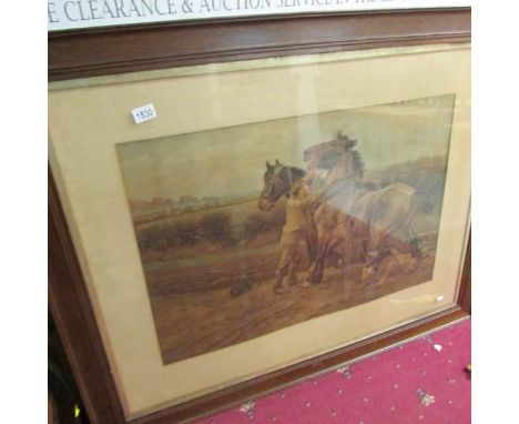A large oak framed print of a horse and its handler