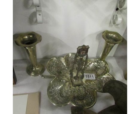 A silver plated fretted leaf dish, pair spill vases and set of spoons on stand
