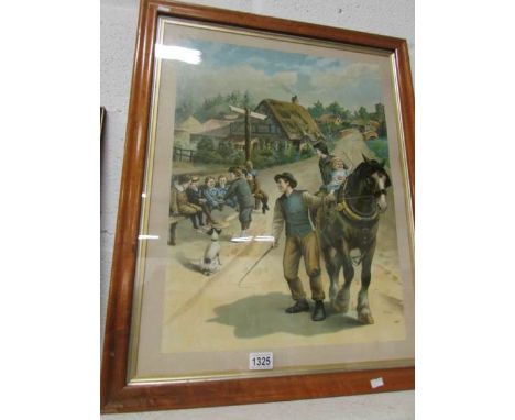 A maple framed chromo-lithograph of a cart horse and children (approx. 29" x 23")