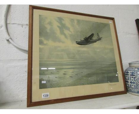 A Roy Nickolds second world war signed print of a flying boat over an atlantic convoy