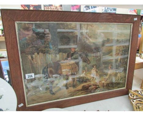 A chromo-lithograph in colour of a gamekeeper, his pony, dogs and the days bag in oak frame, circa 1920's, approx. 19" x 28"