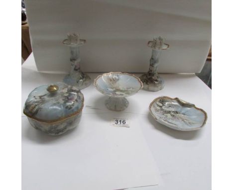 A 5 piece Oriental trinket set including candlesticks