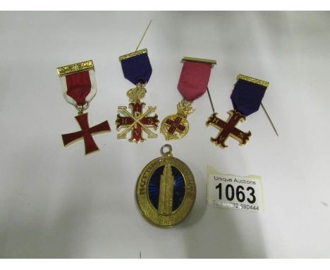 4 Masonic jewels and a silver gilt sash pendant