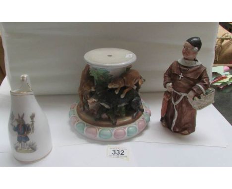 A nodding Monk marked ESL 10-10-88, a ham stand depicting a boar hunt and  a small a/f jug