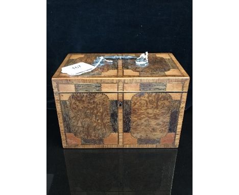 19THC 2 SECTION TEA CADDY WITH BOXWOOD STRINGING HAREWOOD AND AMBOYNA PANELS WITH KEY 18.5CMW BY 12CM HIGH