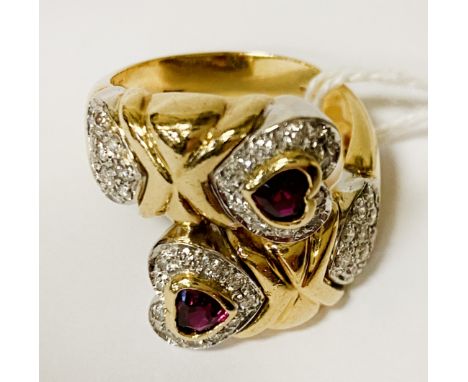 18CT GOLD DESIGNER DIAMOND &amp; RUBY RING - SIZE M