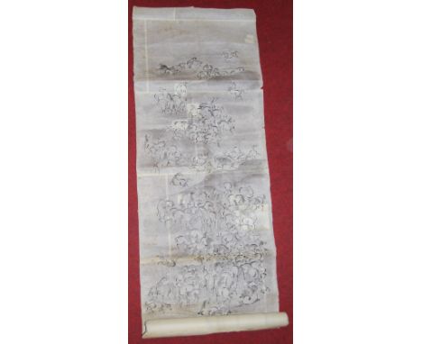 A Chinese watercolour scroll, depicting rearing horses