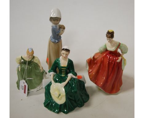 Three Royal Doulton figurines, comprising Fair Maiden HN2211, Fair Lady (red) HN2832, and A Lady from Williamsburg HN2228; to