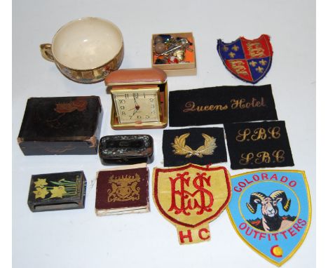 A box of miscellaneous items, to include a small lacquered pocket snuff box, lacquered box, match sleeve holder etc