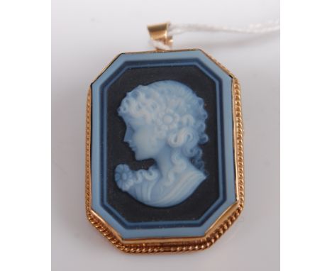 A carved cameo brooch depicting profile portrait of a girl in 9ct gold mount with pendant bale, width 25mm