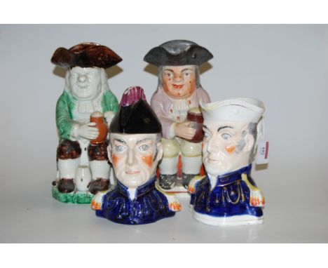 A 19th century Staffordshire Toby jug, in seated pose with jug of beer in hand and wearing faded lilac jacket, yellow breeche