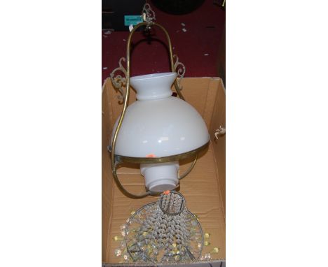 A mid-20th century three-tier ceiling light fitting, with glass drops; together with a lacquered brass framed ceiling fitting