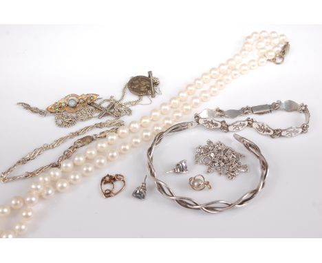 A cultured pearl single string necklace; together with various silver and white metal costume jewellery to include bangle, br