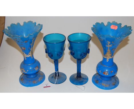 A pair of late 19th century continental blue glass vases, each having a flared rim to a slender neck and bulbous lower body, 