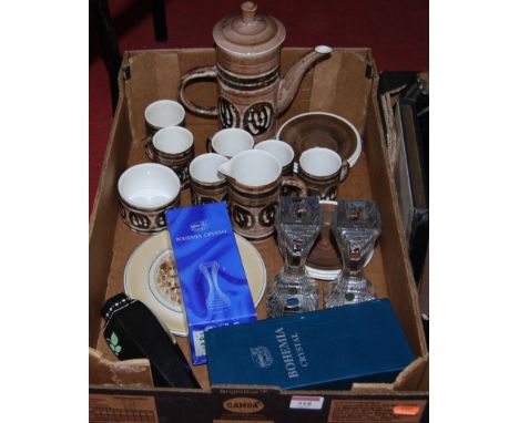 A box of mixed effects to include a Cinque Portis Pottery 6-place coffee set, pair of Czech Bohemian stepped crystal glass ca