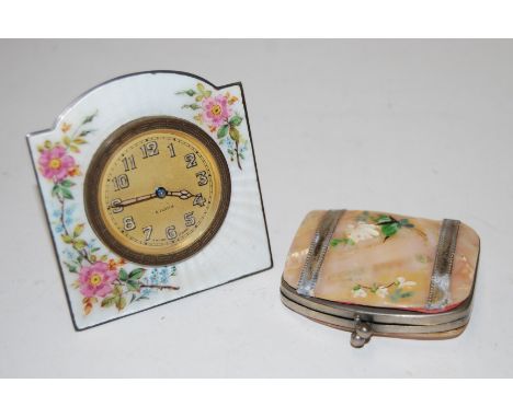 A 1950s silver and guilloche enamelled travel alarm clock; together with a mother of pearl lady's purse (2)