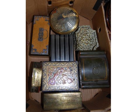 A green painted Toleware tea caddy in the Georgian style; together with various other lacquered boxes etc