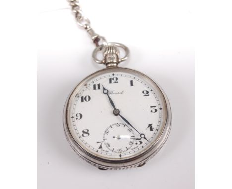 A Record silver cased gents open face pocket watch having signed white enamel dial, subsidiary seconds dial, keyless movement