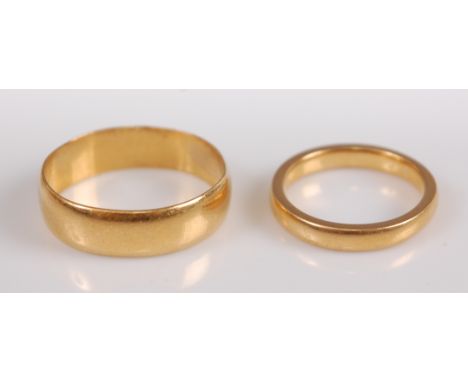 Two 22ct gold wedding bands, gross weight 9.9g, sizes J and R