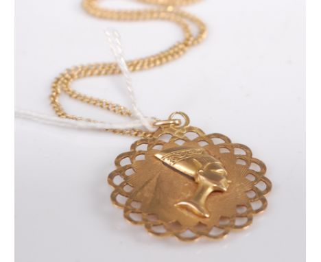 A yellow metal double-sided pendant depicting a profile portrait of an African woman, on finelink neck chain, the chain stamp