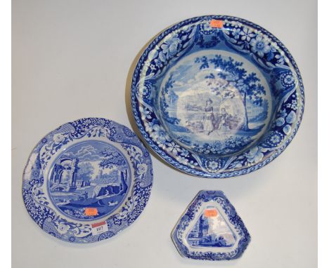 A 19th century blue and white transfer decorated wash bowl, the centre decorated with a lady and two children within a landsc