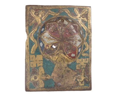 Gilded copper ornamental plaque, decorated with champlevé enamel in lapis lazuli, blue, green, white and red tones.  Limoges.