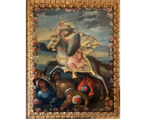 Colonial School. Cuzco. Peru. 18th century. "James in the Battle of Clavijo"Oil on canvas. 71,5 x 92,5 cm. On the back is a l