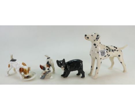 Two Royal Doulton playing terriers HN1158 and HN2654 and large Sylvac dalmation and pottery cat (4)