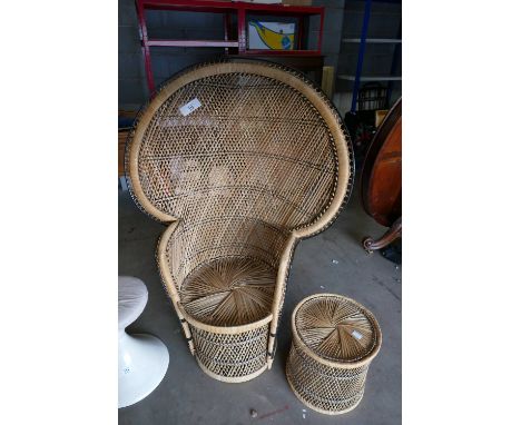 A vintage peacock chair and stool and a framed print (3)
