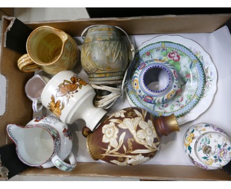 A mixed collection of items including interesting 19th Century jug, Poole Pottery Jug, decorative embossed vases etc