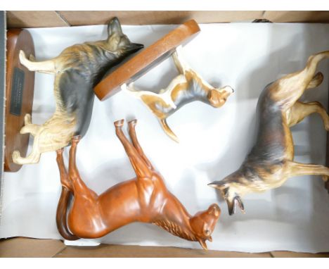 A mixed collection of ceramic animal figures to include Beswick Connoisseur Alsatian similar Beagle, unbrandedmodel of German