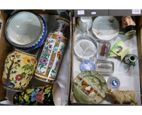Two trays of mixed items including ceramic bowls, vases, advertising &amp; Winston Churchill paperweights, Royal Doulton seri