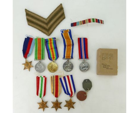 WWI pair of Victory &amp; War medals 34992 Pte H Kay R. War. R. (Royal Warwickshire Regiment), dog tag together with  WWII gr