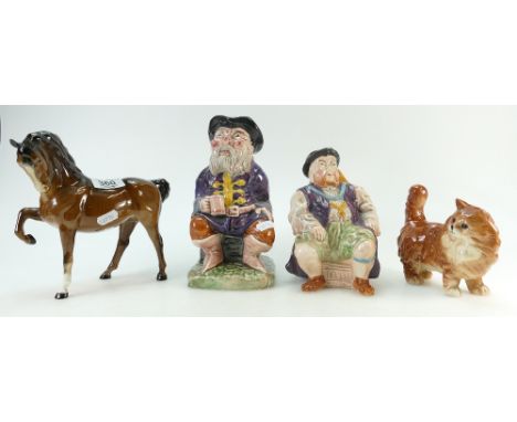 Beswick Mare 1549, Ginger Persian Cat 1898 and two Melba ware toby jugs