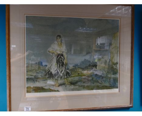 SIR WILLIAM RUSSELL FLINT large signed print in frame with Print Sellers stamp. 44cm x 57cm depicting a Spanish style lady in